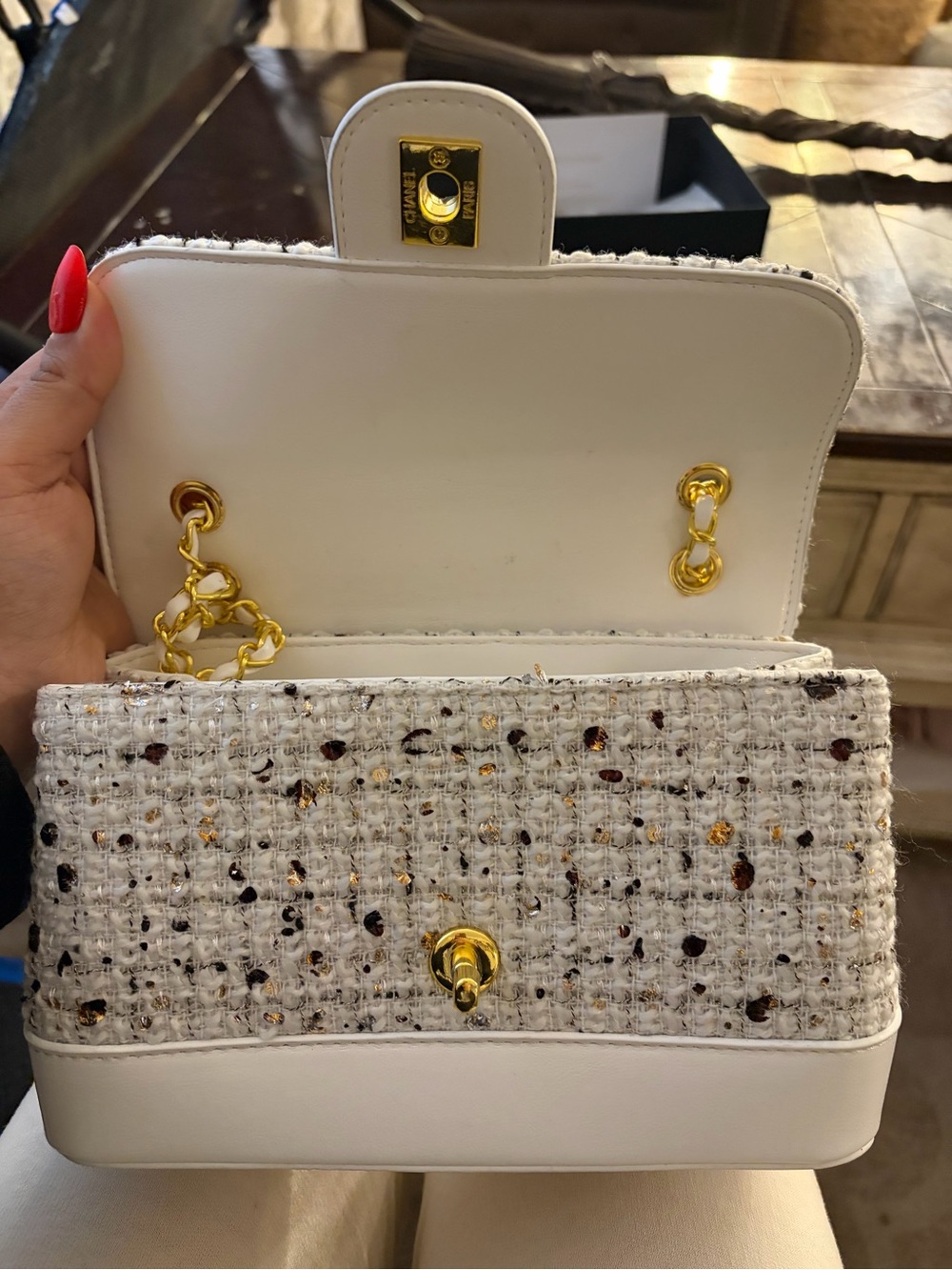 White Tweed VIP Shoulder Bag | Gold Hardware | Branded Gift Bag - Picture 8 of 14